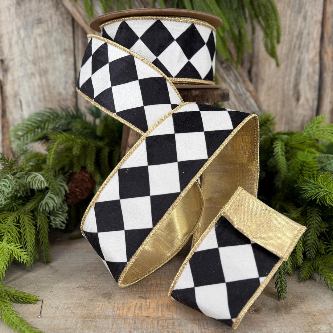 2.5" Black and White Harlequin Ribbon, Christmas Ribbon
