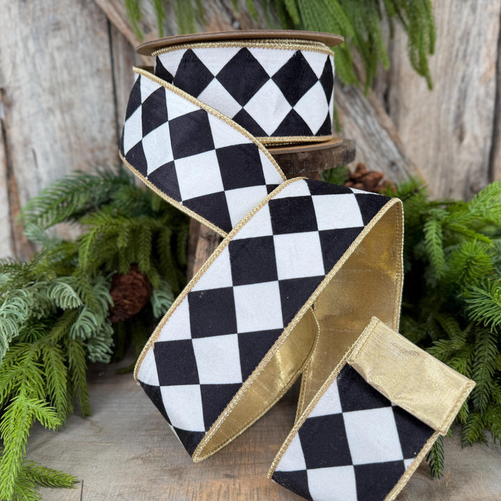 2.5" Black and White Harlequin Ribbon, Christmas Ribbon