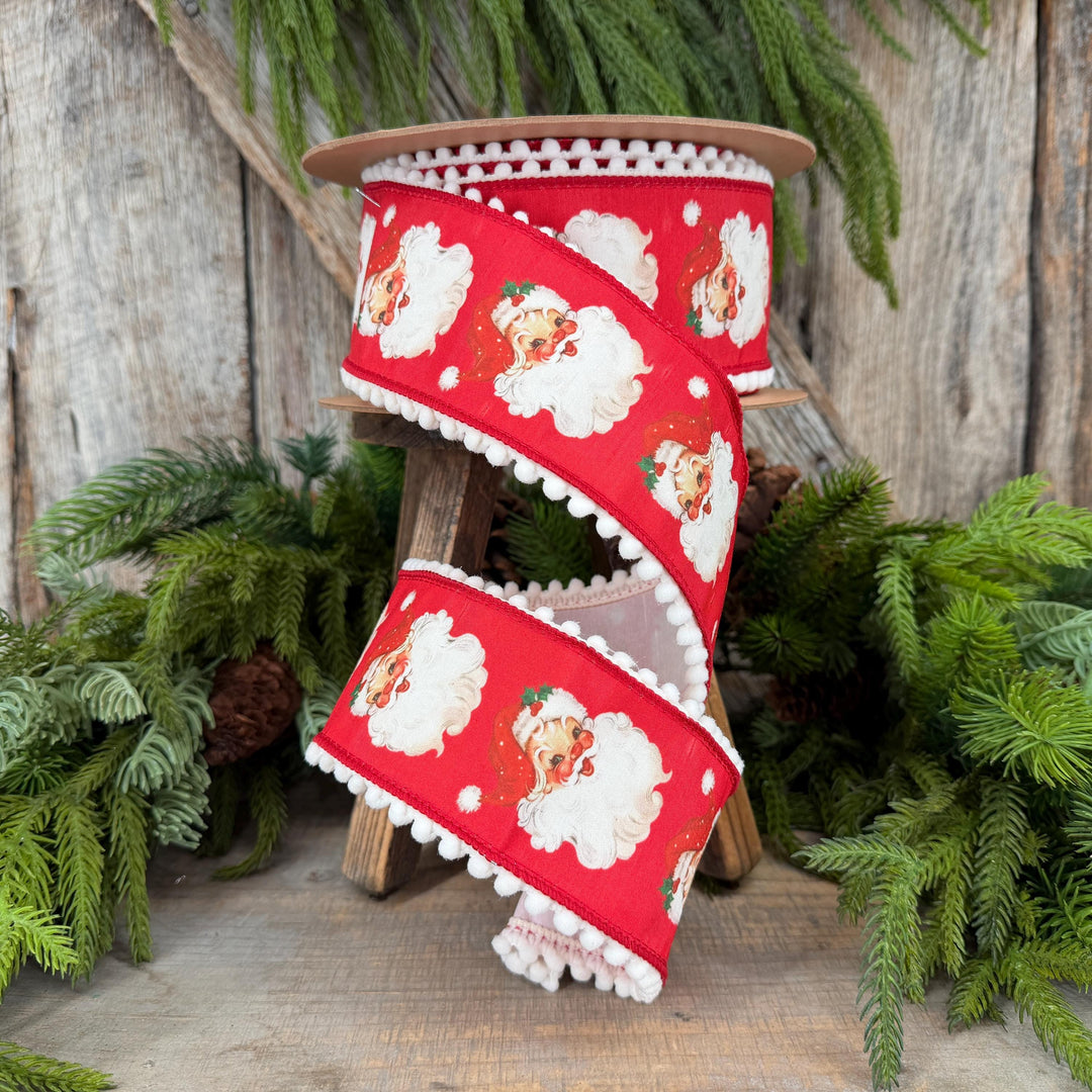 2.5" Santa Wired Ribbon, Red Christmas Pom Pom Edge