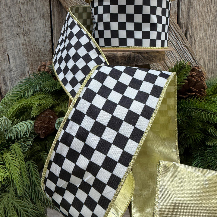 2.5" Black and White Check Ribbon, Christmas Ribbon