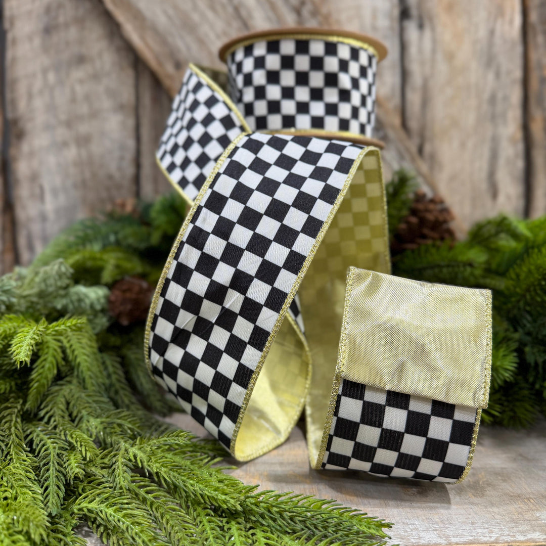 2.5" Black and White Check Ribbon, Christmas Ribbon