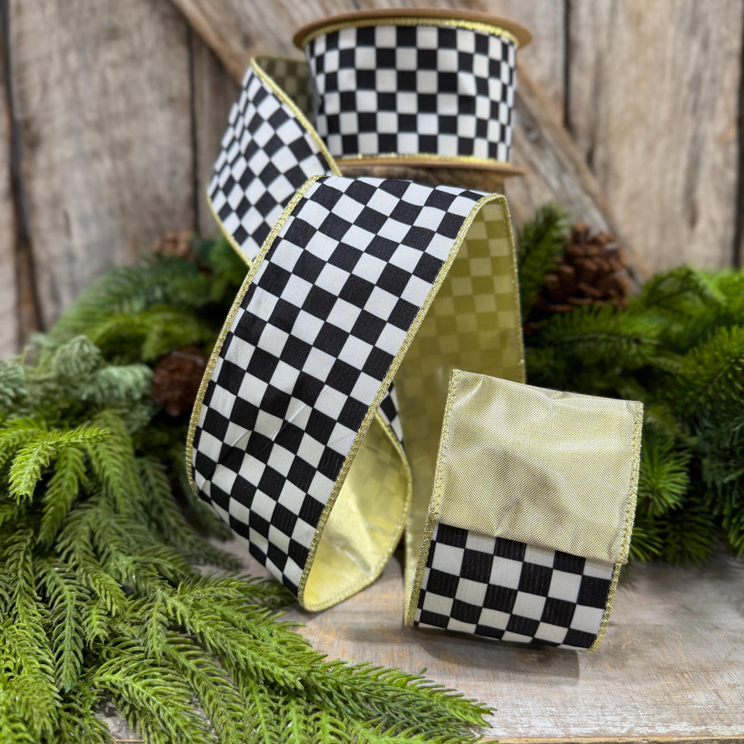 2.5" Black and White Check Ribbon, Christmas Ribbon