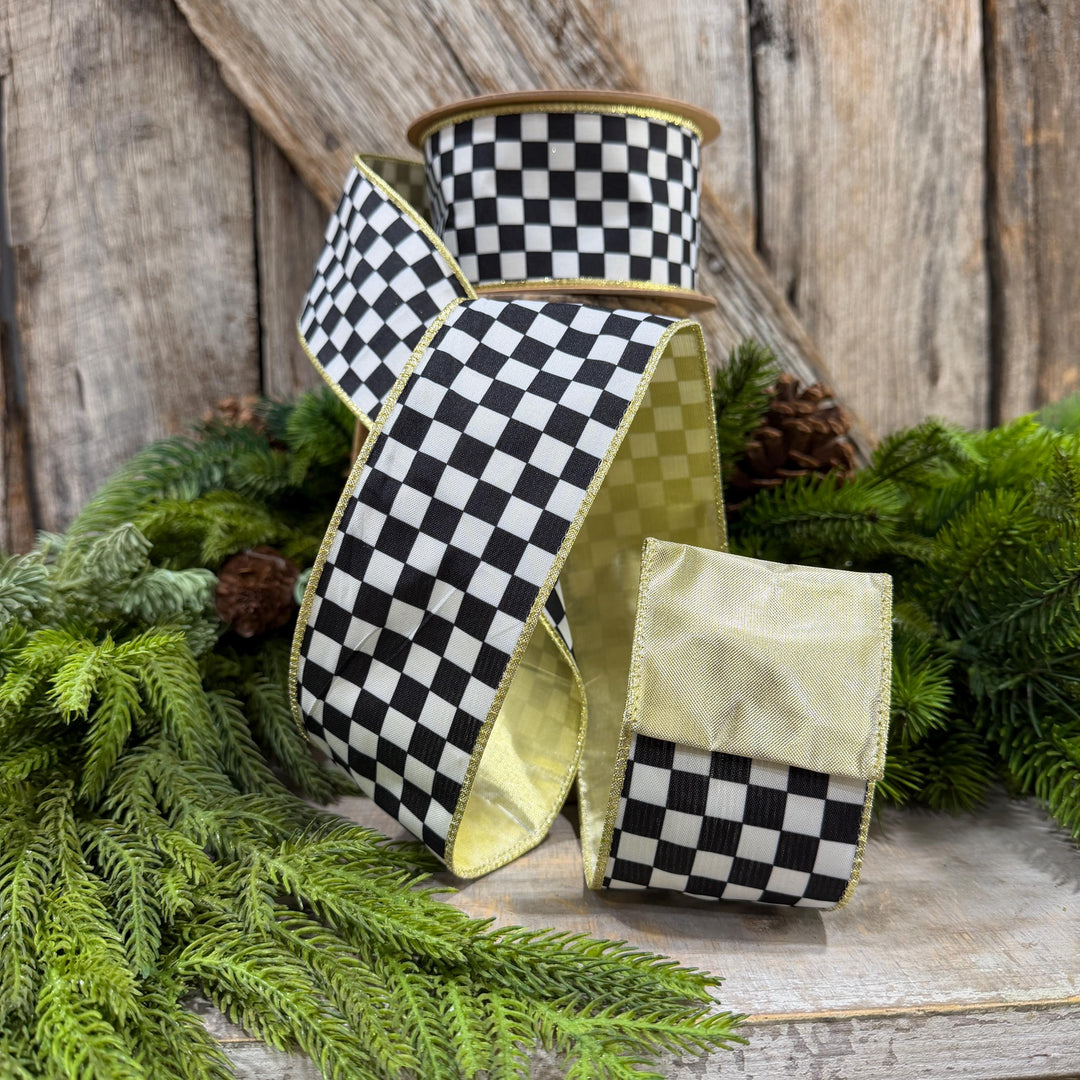 2.5" Black and White Check Ribbon, Christmas Ribbon