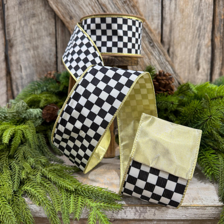 2.5" Black and White Check Ribbon, Christmas Ribbon