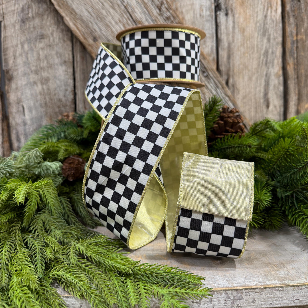 2.5" Black and White Check Ribbon, Christmas Ribbon