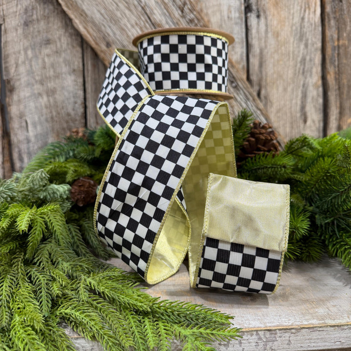 2.5" Black and White Check Ribbon, Christmas Ribbon