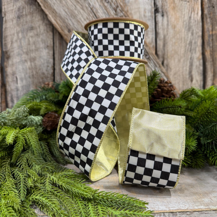 2.5" Black and White Check Ribbon, Christmas Ribbon