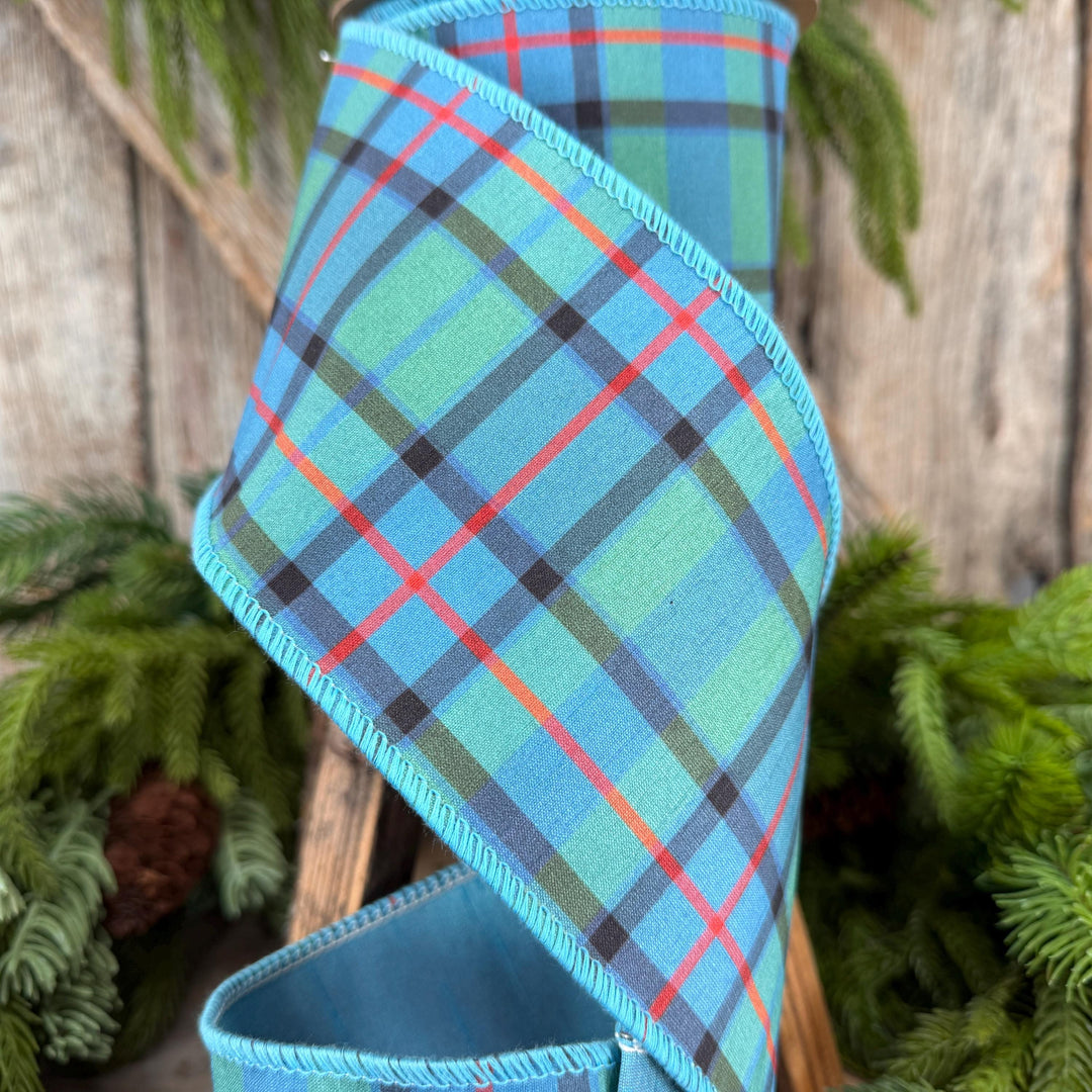 4" Dusty Blue Tartan Plaid Ribbon, Christmas Plaid Wired Ribbon, Blue Chirstmas Plaid RIbbon