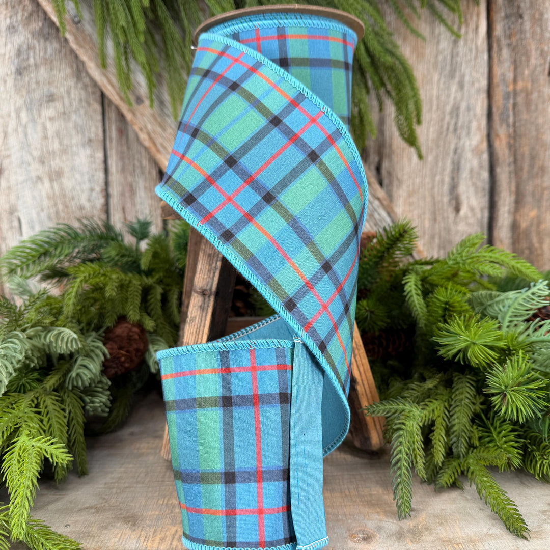 4" Dusty Blue Tartan Plaid Ribbon, Christmas Plaid Wired Ribbon, Blue Chirstmas Plaid RIbbon