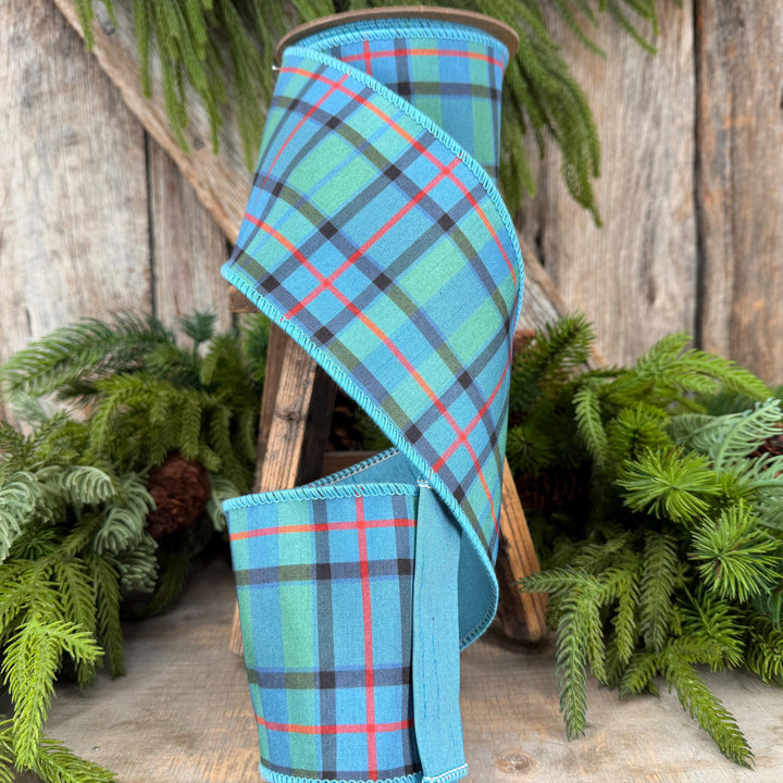 4" Dusty Blue Tartan Plaid Ribbon, Christmas Plaid Wired Ribbon, Blue Chirstmas Plaid RIbbon