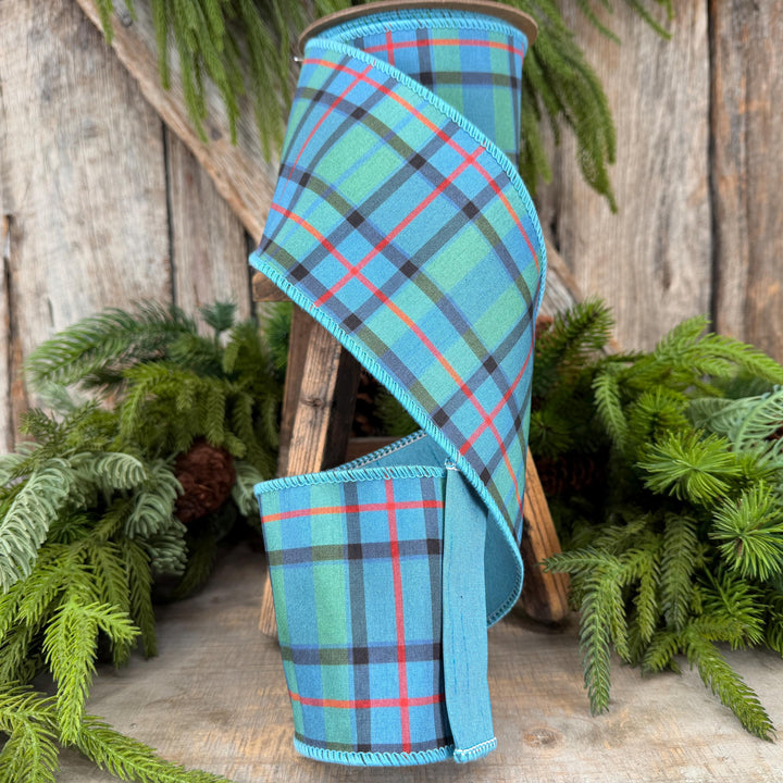 4" Dusty Blue Tartan Plaid Ribbon, Christmas Plaid Wired Ribbon, Blue Chirstmas Plaid RIbbon