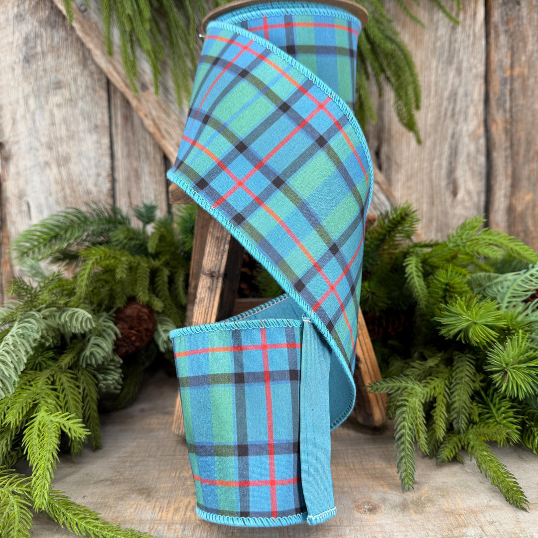 4" Dusty Blue Tartan Plaid Ribbon, Christmas Plaid Wired Ribbon, Blue Chirstmas Plaid RIbbon