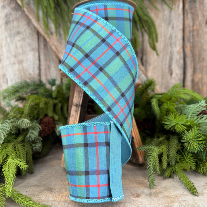 4" Dusty Blue Tartan Plaid Ribbon, Christmas Plaid Wired Ribbon, Blue Chirstmas Plaid RIbbon