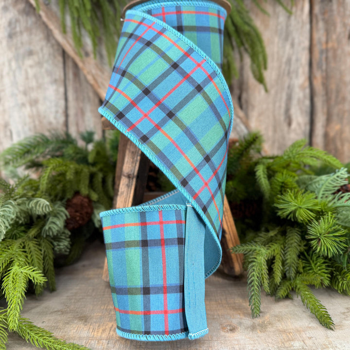4" Dusty Blue Tartan Plaid Ribbon, Christmas Plaid Wired Ribbon, Blue Chirstmas Plaid RIbbon