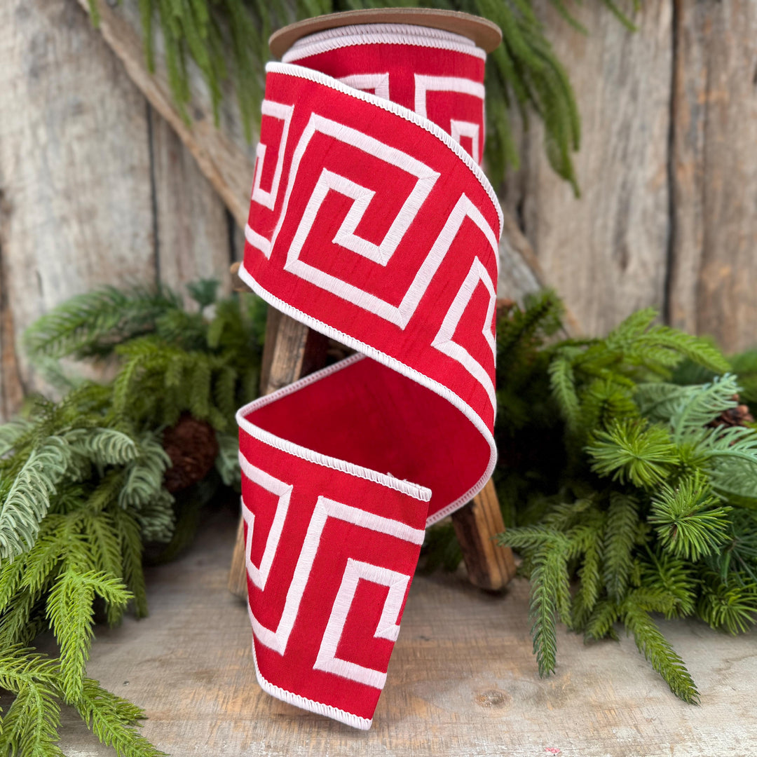 4" Red White Greek Key Wired Ribbon, Designer Christmas Ribbon, 5 Yard Roll
