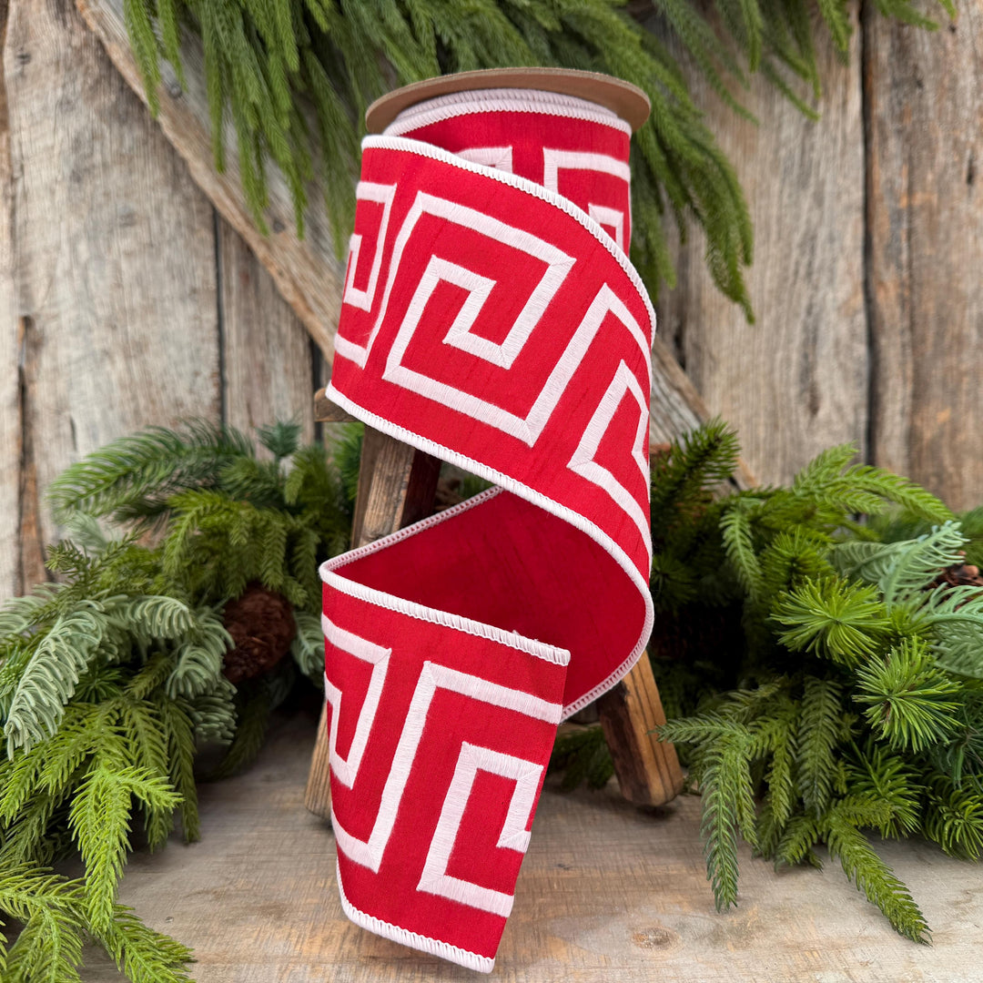 4" Red White Greek Key Wired Ribbon, Designer Christmas Ribbon, 5 Yard Roll