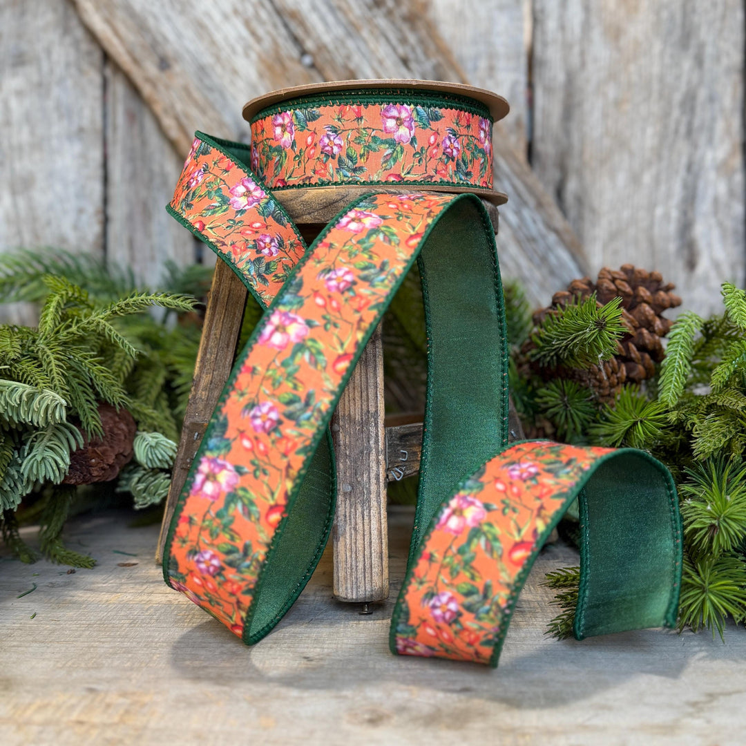 1.5" Fall Floral Ribbon, Orange Fall Ribbon
