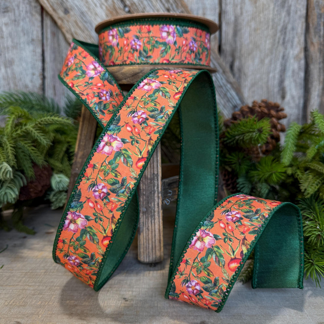 1.5" Fall Floral Ribbon, Orange Fall Ribbon
