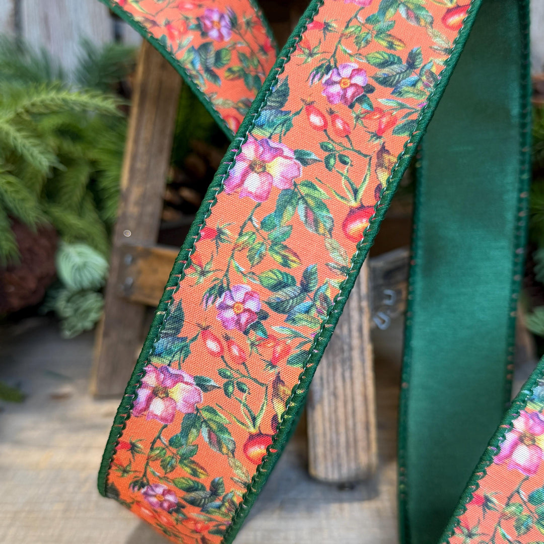 1.5" Fall Floral Ribbon, Orange Fall Ribbon