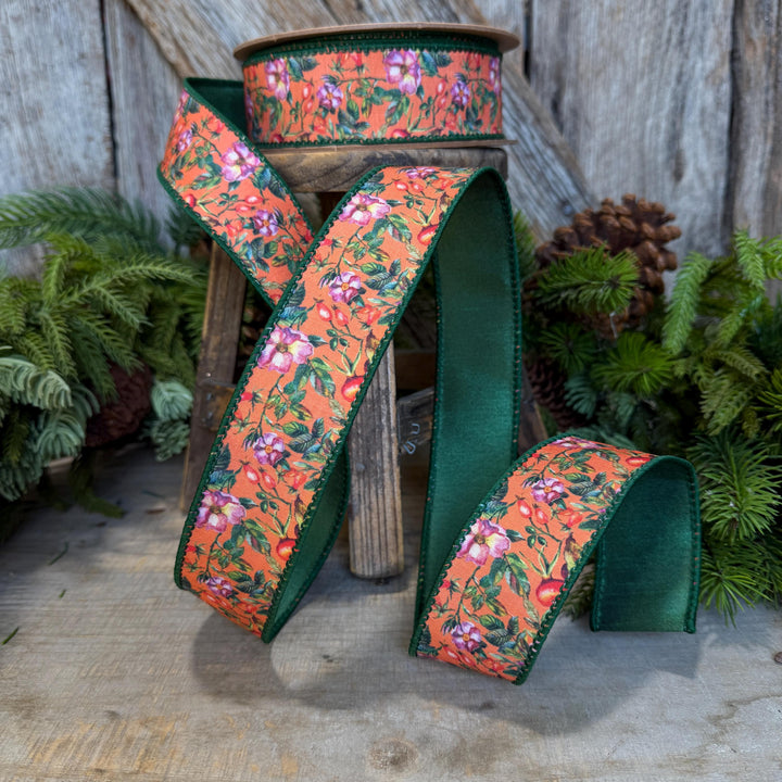 1.5" Fall Floral Ribbon, Orange Fall Ribbon