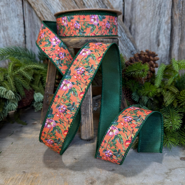 1.5" Fall Floral Ribbon, Orange Fall Ribbon