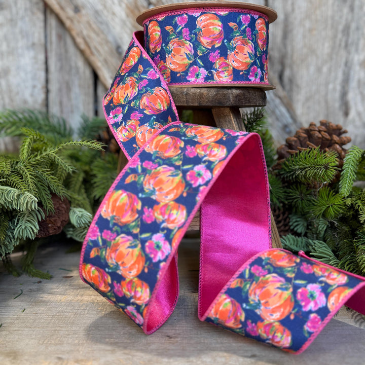 2.5" Pumpkin floral ribbon, Fall Ribbon, Pumpkin Ribbon
