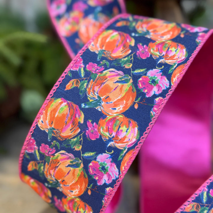 2.5" Pumpkin floral ribbon, Fall Ribbon, Pumpkin Ribbon
