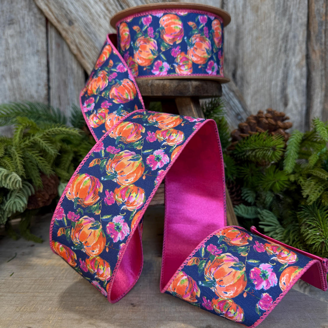 2.5" Pumpkin floral ribbon, Fall Ribbon, Pumpkin Ribbon