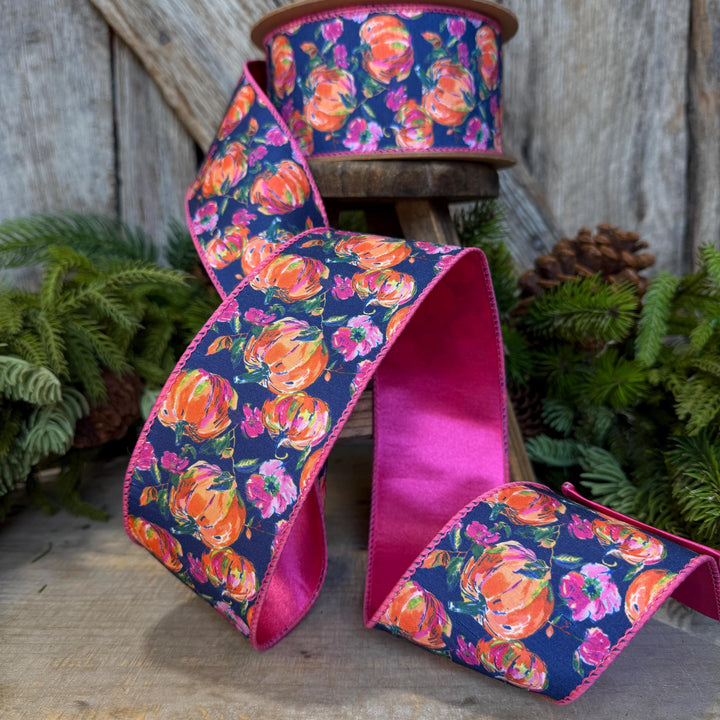 2.5" Pumpkin floral ribbon, Fall Ribbon, Pumpkin Ribbon