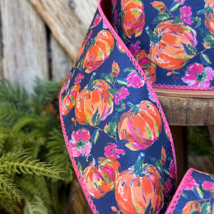 2.5" Pumpkin floral ribbon, Fall Ribbon, Pumpkin Ribbon