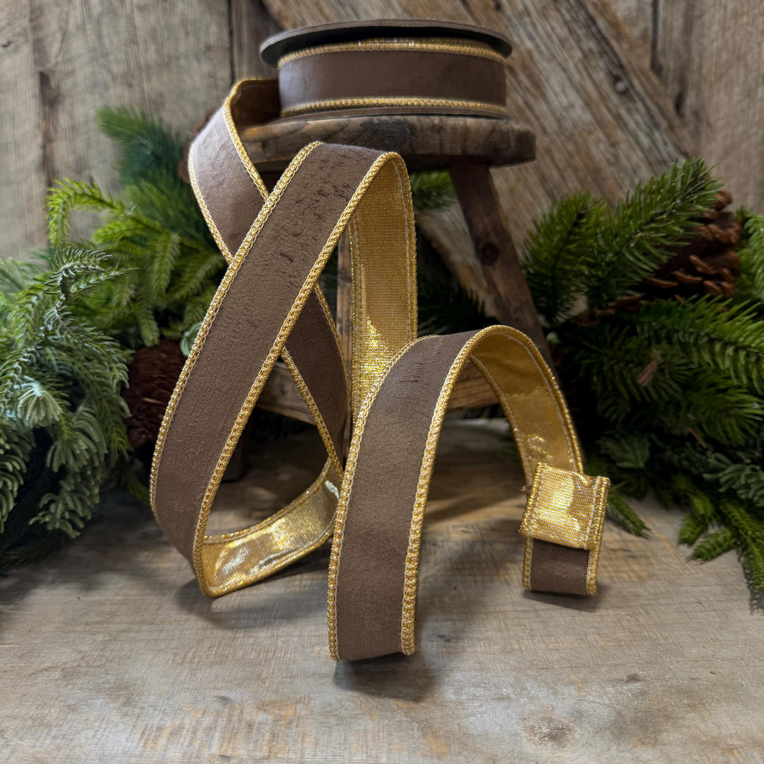 1" Taupe Brown Velvet RIbbon, Wired Ribbon, Brown Velvet Ribbon, Christmas Velvet Ribbon, Fall Ribbon, Designer Velvet Ribbon