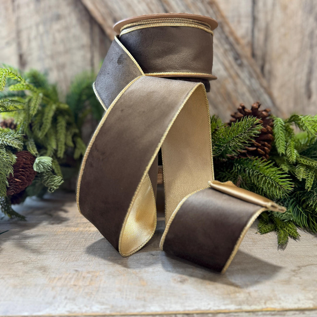 2.5" Taupe Brown Velvet RIbbon, Wired Ribbon, Brown Velvet Ribbon, Christmas Velvet Ribbon, Fall Ribbon, Designer Velvet Ribbon