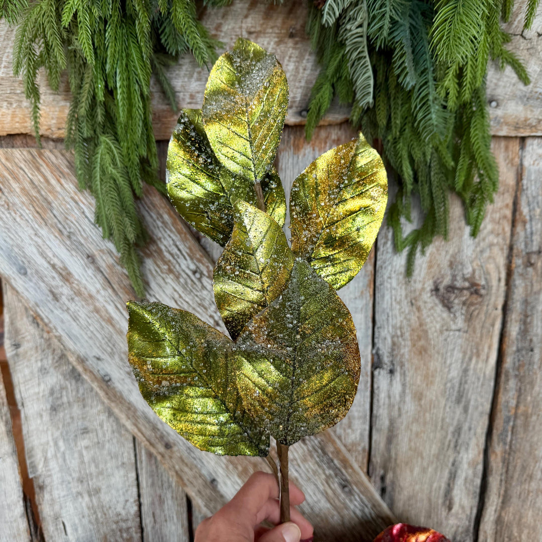 25" Green Metallic Magnolia Leaf Spray, Christmas Tree Spray