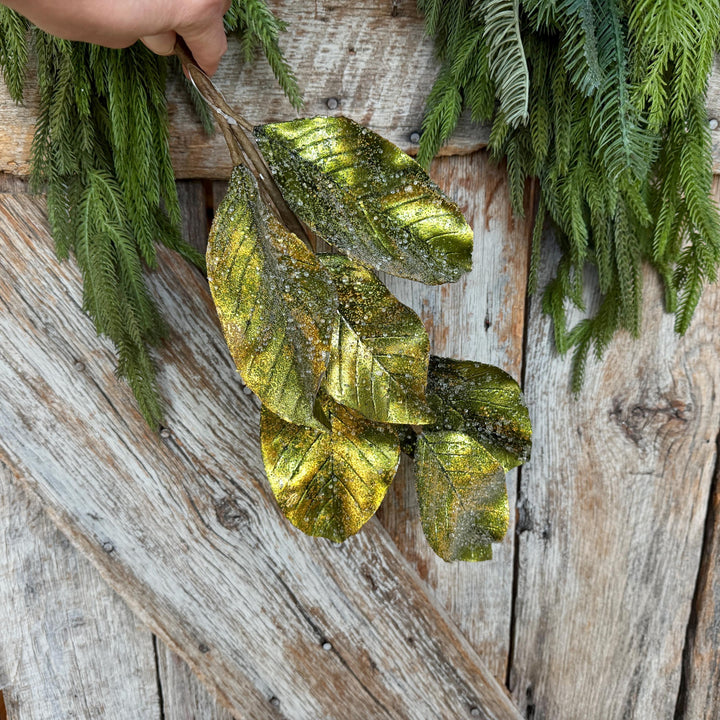 25" Green Metallic Magnolia Leaf Spray, Christmas Tree Spray