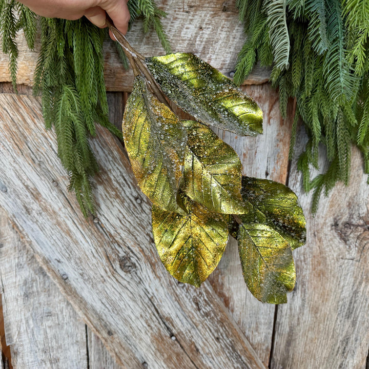 25" Green Metallic Magnolia Leaf Spray, Christmas Tree Spray
