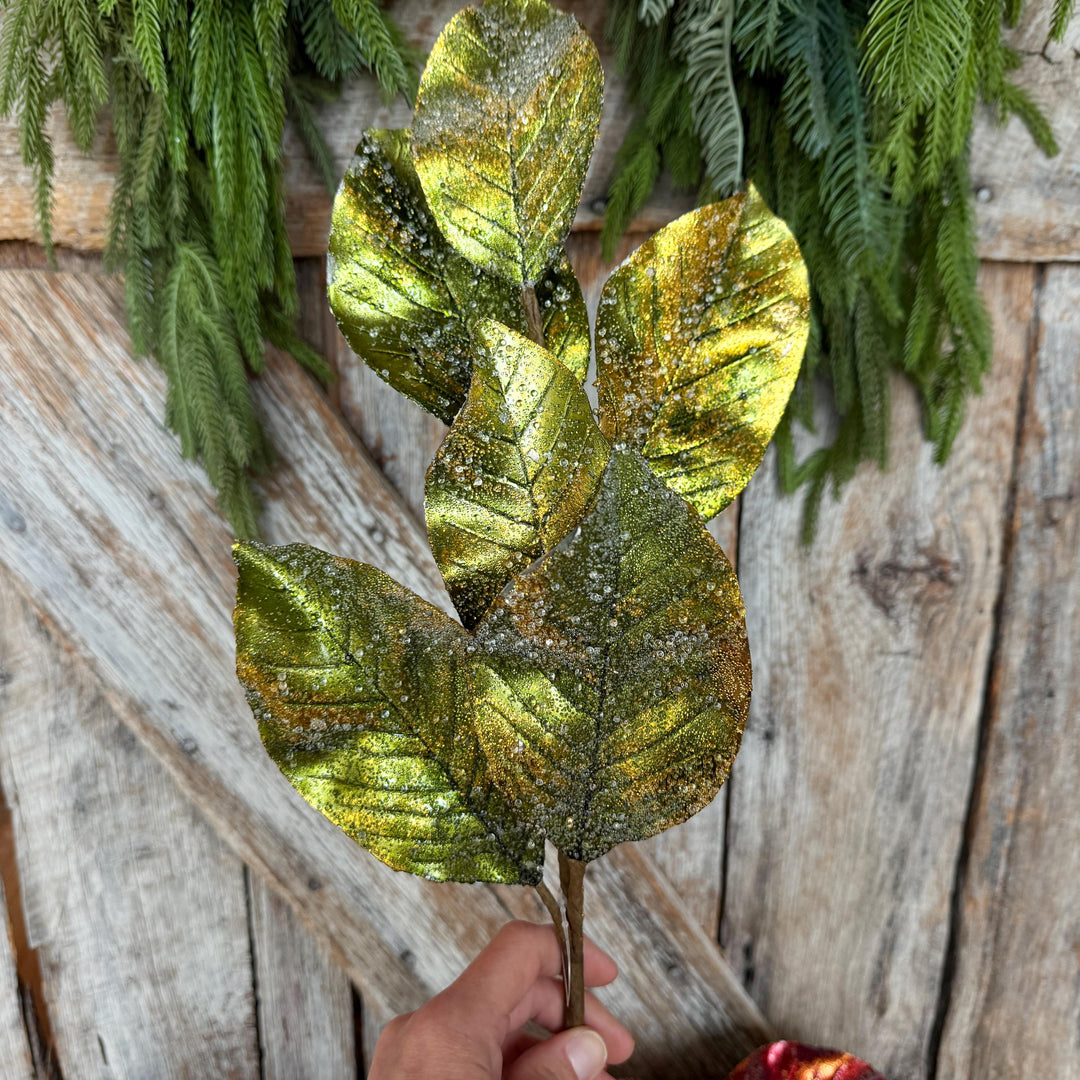 25" Green Metallic Magnolia Leaf Spray, Christmas Tree Spray