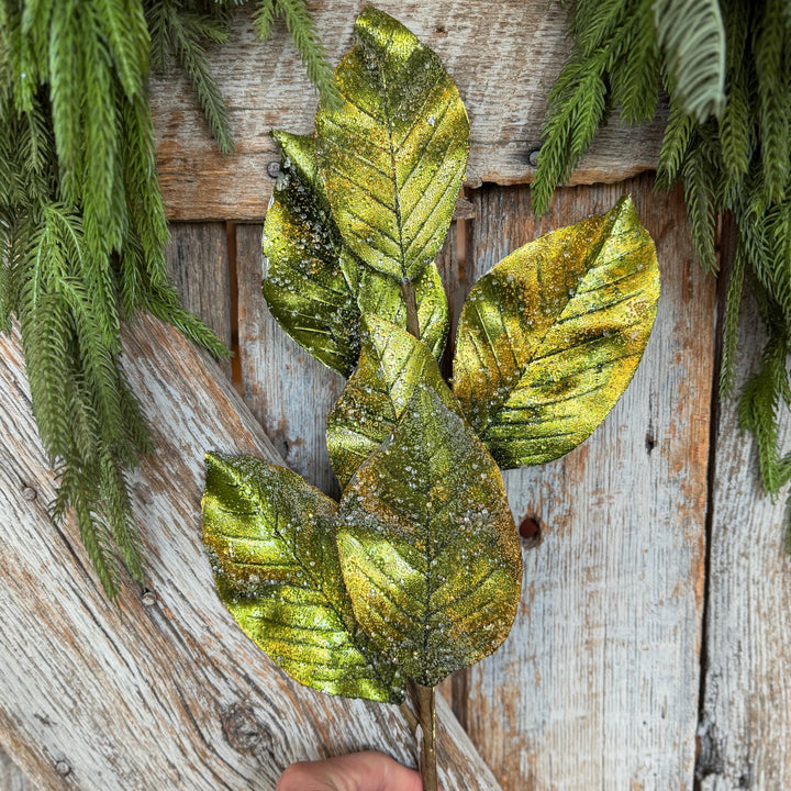 25" Green Metallic Magnolia Leaf Spray, Christmas Tree Spray