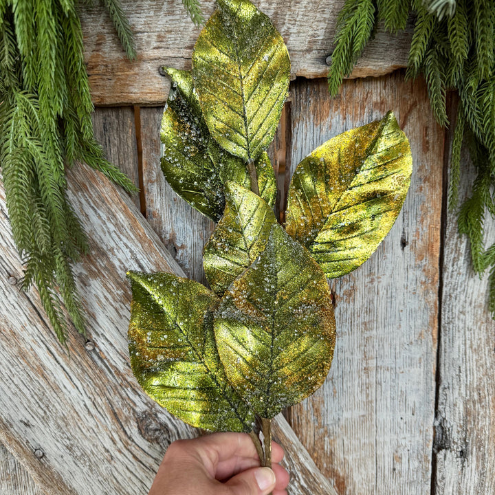 25" Green Metallic Magnolia Leaf Spray, Christmas Tree Spray