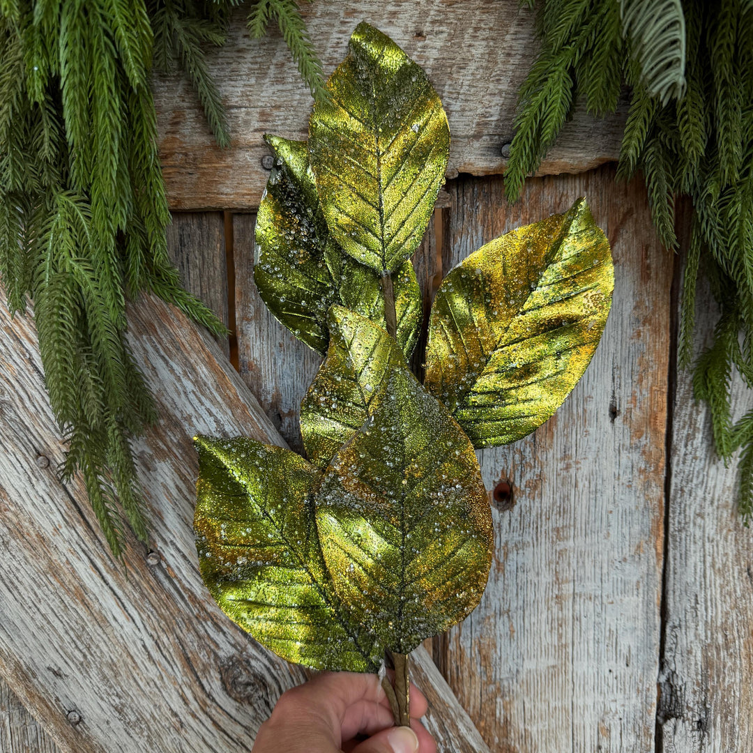 25" Green Metallic Magnolia Leaf Spray, Christmas Tree Spray