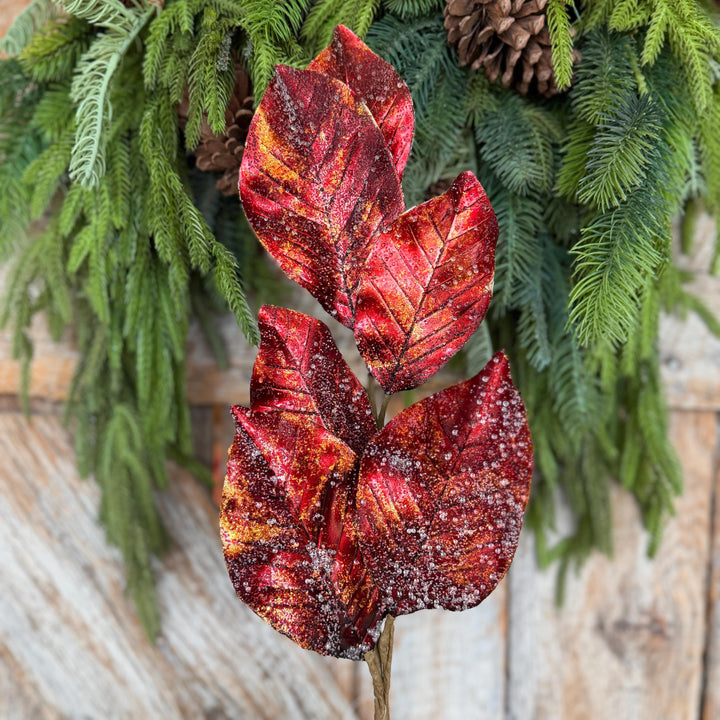 25" Burgundy Magnolia Leaf Spray, Burgundy Christmas Spray