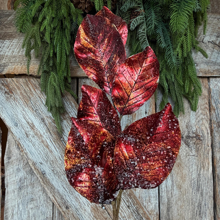 25" Burgundy Magnolia Leaf Spray, Burgundy Christmas Spray