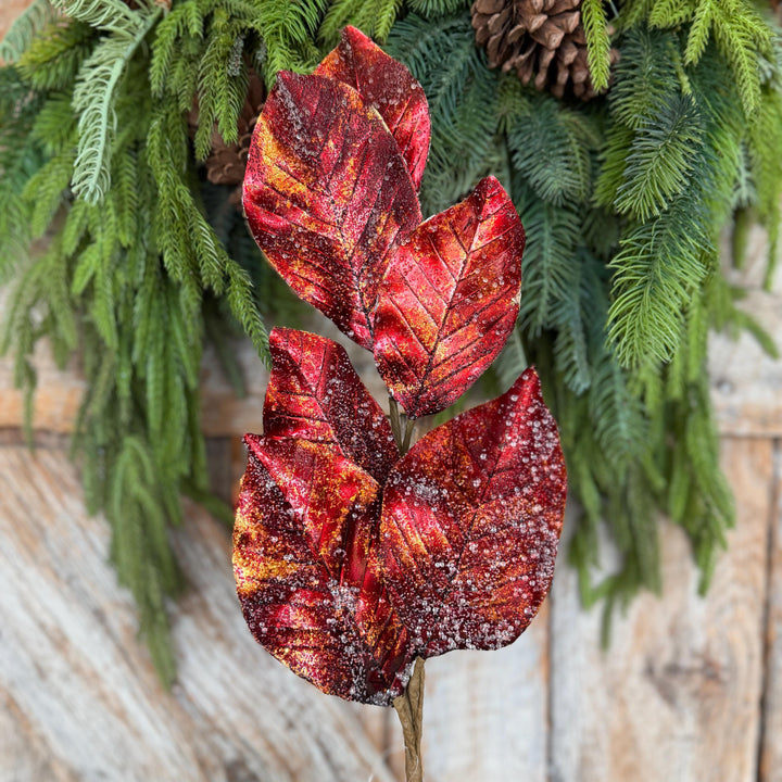 25" Burgundy Magnolia Leaf Spray, Burgundy Christmas Spray