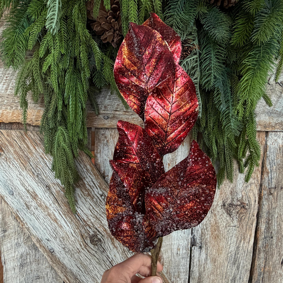 25" Burgundy Magnolia Leaf Spray, Burgundy Christmas Spray