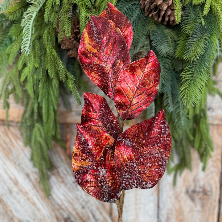 25" Burgundy Magnolia Leaf Spray, Burgundy Christmas Spray