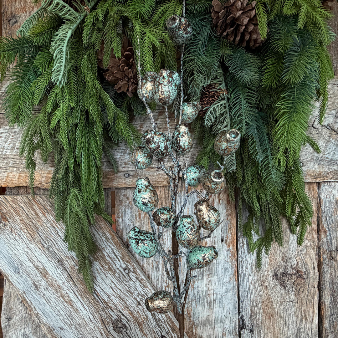 28" Turquoise Berry Spray, Pewter Christmas Spray