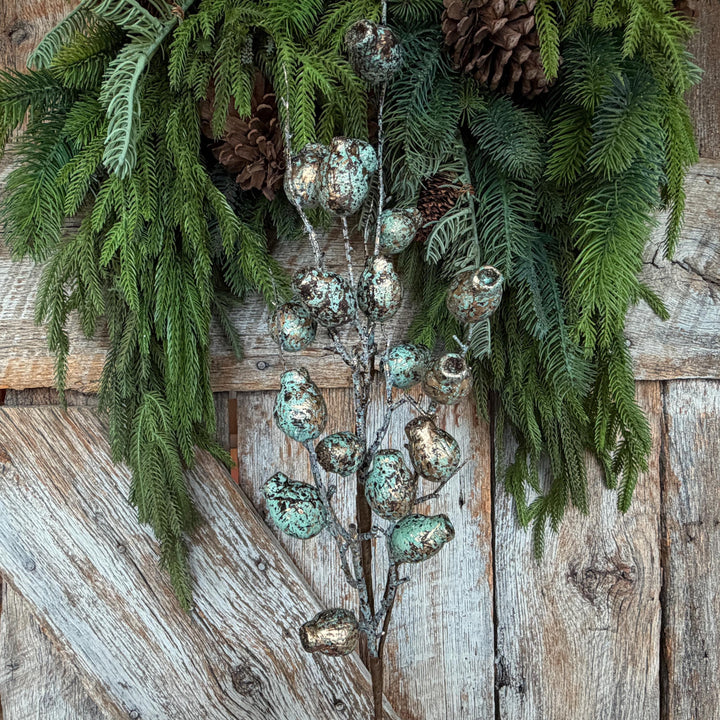 28" Turquoise Berry Spray, Pewter Christmas Spray