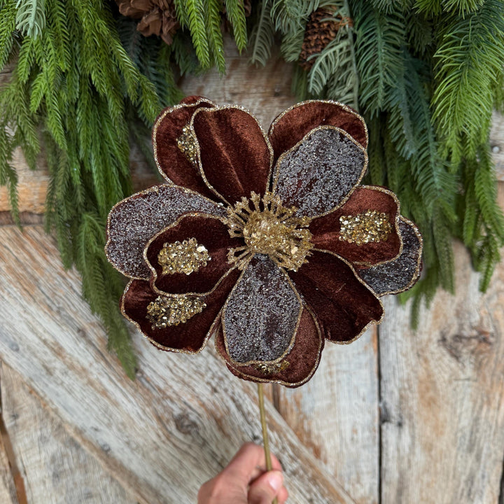 20" Chocolate Brown Magnolia Flower, Christmas Magnolia Spray