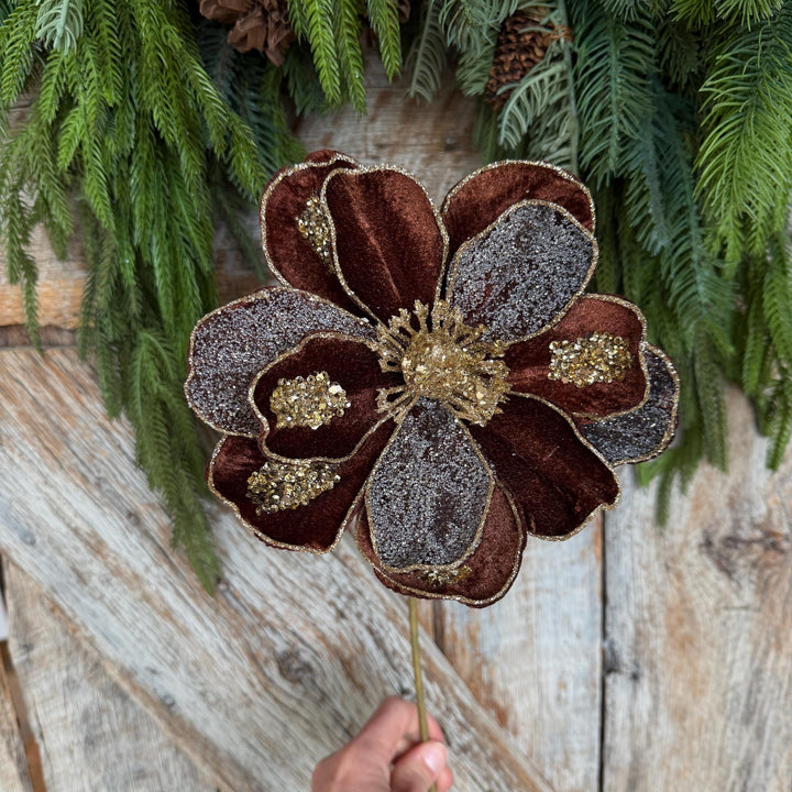 20" Chocolate Brown Magnolia Flower, Christmas Magnolia Spray