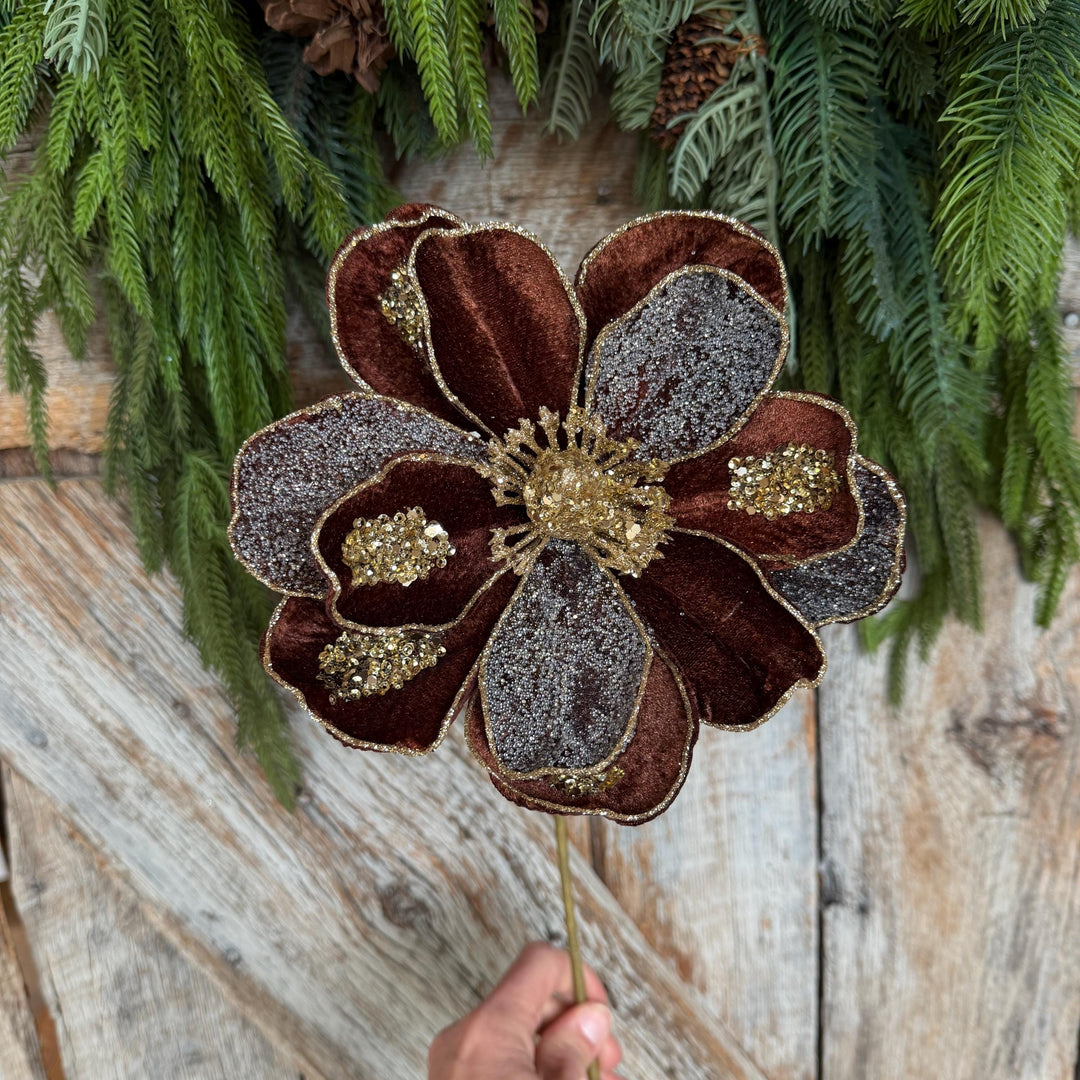 20" Chocolate Brown Magnolia Flower, Christmas Magnolia Spray