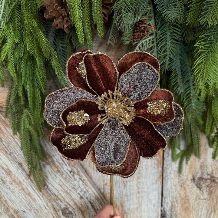 20" Chocolate Brown Magnolia Flower, Christmas Magnolia Spray